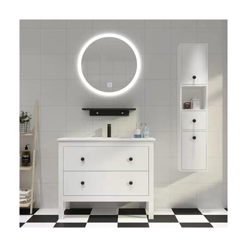 YALIG Customized Counter Wash Basin Wooden White Cabinet Bathroom Vanity Cabinets with Silver Mirror