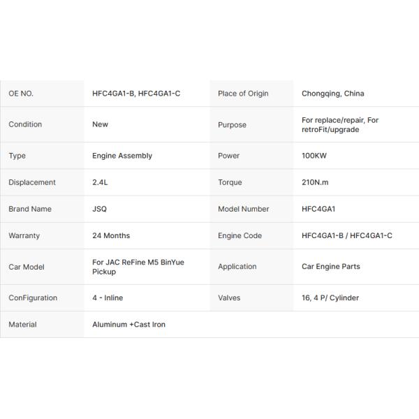 HFC4GA1 2.4L Componentes del motor de automóviles para JAC ReFine M5 BinYue Pickup 100KW