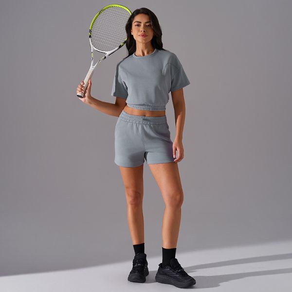 Women's Cotton Blend Sweatshirt Skirt Set Short Sleeve Crop Top with Matching Skirt