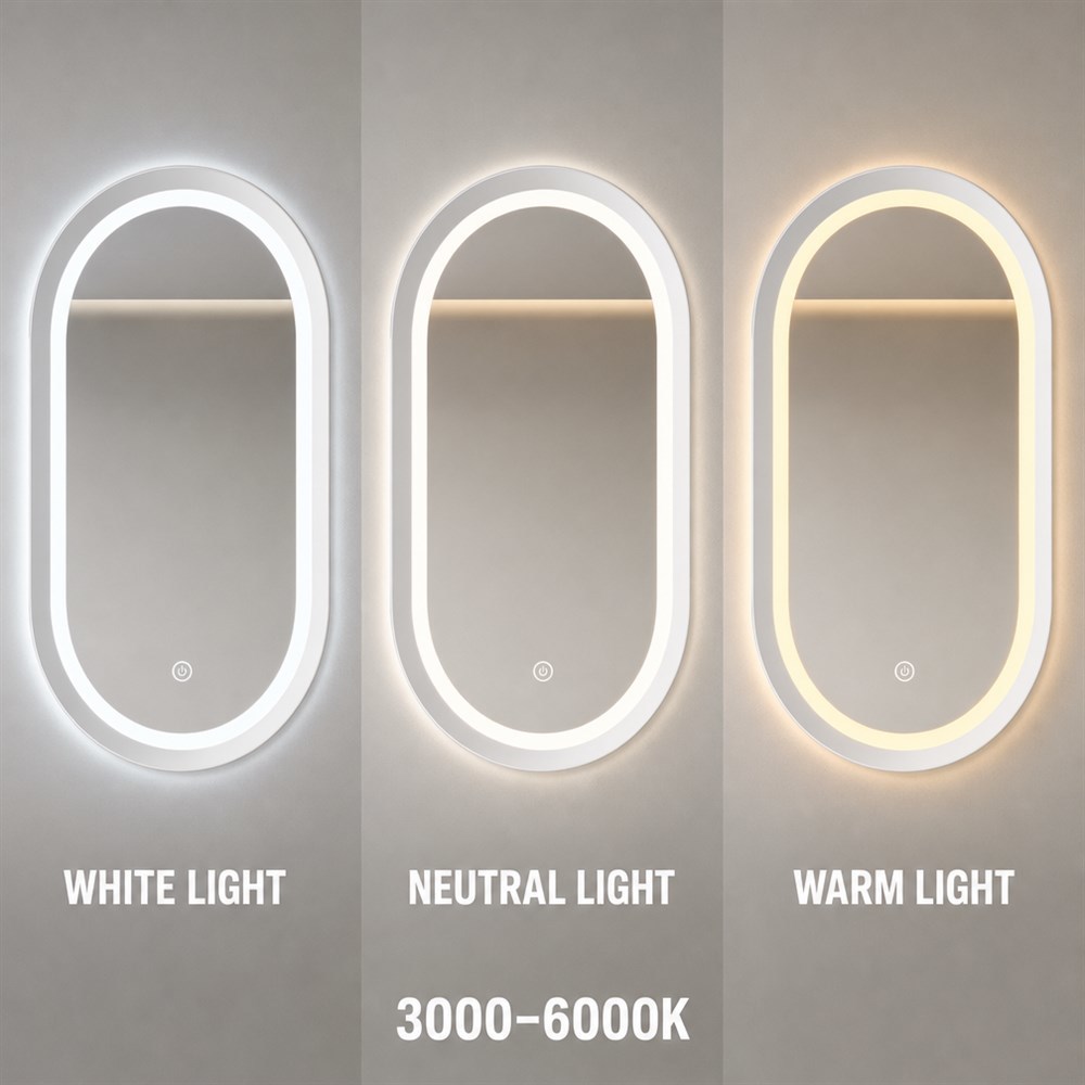Dimmable Touch LED Oval Aluminum Frame Mirror IP44 Waterproof for Bathroom Home Commercial Renovation