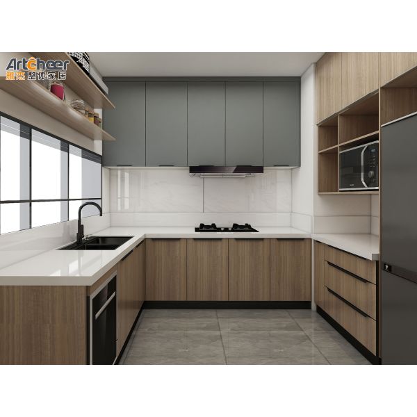 Customized U Shape Kitchen Cabinet with Melamine Finish and Pantry Cabinet in Modern Design