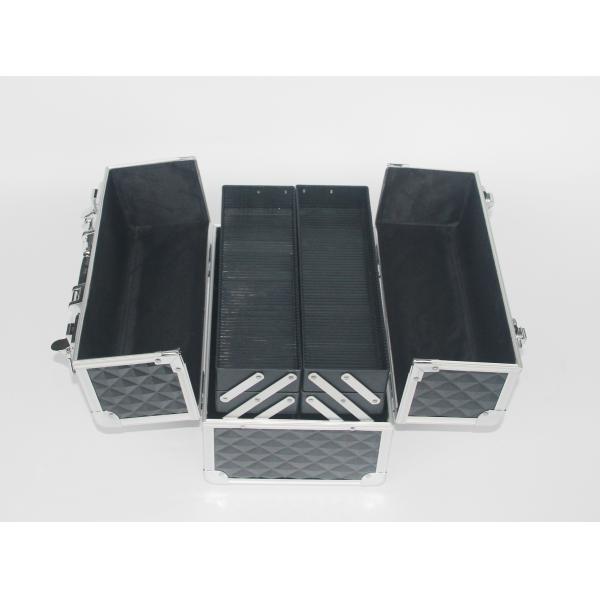 PVC Makeup Case Four Trays Black Aluminum Cosmetic Case With Strong Handle