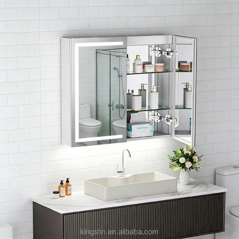 Kingstin Illuminated Bathroom Mirror Cabinet with Multi-Layer Glass Shelves LED Border Lighting Water-Resistant Wall-Mounted