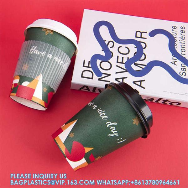 Christmas Paper Coffee Cups With Sleeves Lids 12 Oz Xmas Disposable Party Cup Christmas Tree Hot Cocoa Cups