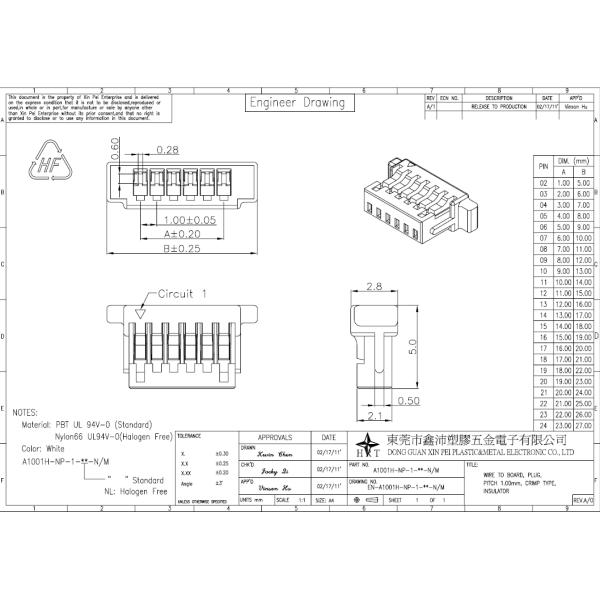 1.00mm pitch wire to board connector  single dual row  A1001series PBT or PA66 material for Laptop