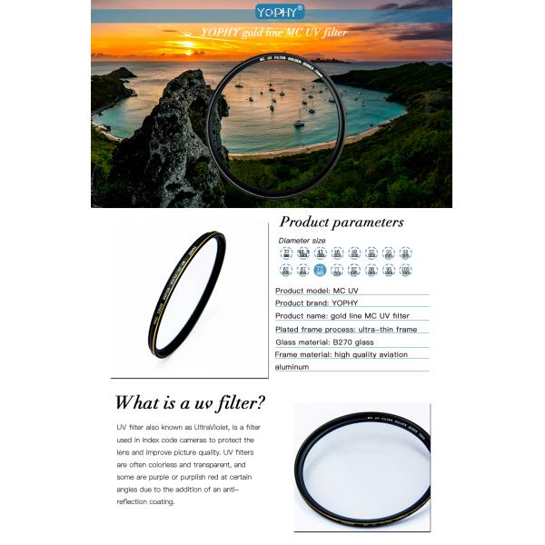 72mm Camera Lens UV Filter With Outer Frame Gold Linear Plating For Digital Camera Lens