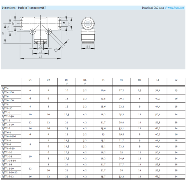 QST-4 QST-4-100 QST-6 QST-6-100 Festo QST Series Push-in T-connector