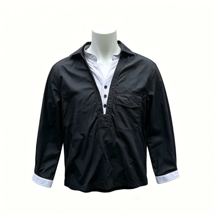 Fake Two Tone Contrast Collar Long Sleeve Shirt, Black White Half Placket Casual Men’s Pocket Shirt
