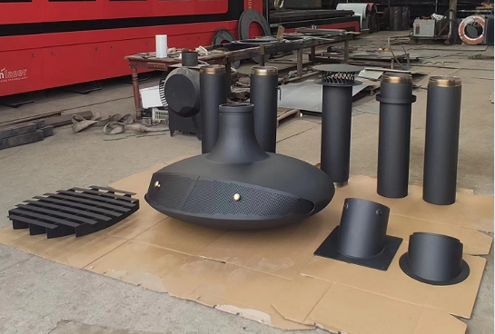 Suspended wood burning black paint decorative rooftop fireplace indoor steel custom