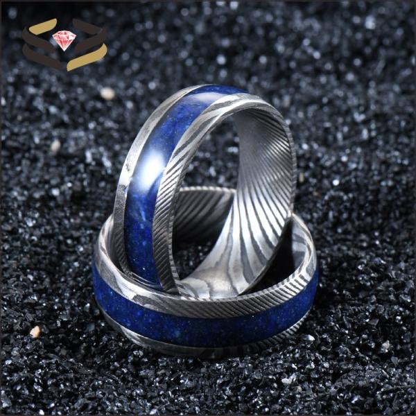 Men'S Damascus Steel Wedding Band Third Party Appraisal 8mm With Lapis Lazuli Inlay