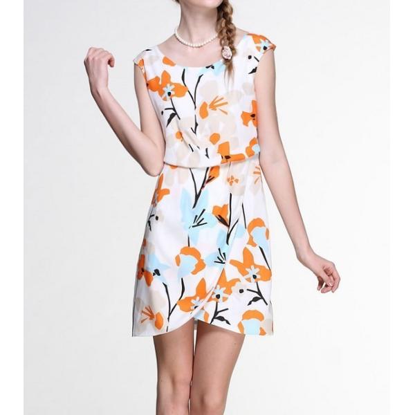 Chiffon Sleeveless Short Flared Dresses Zip Back With Round-neck