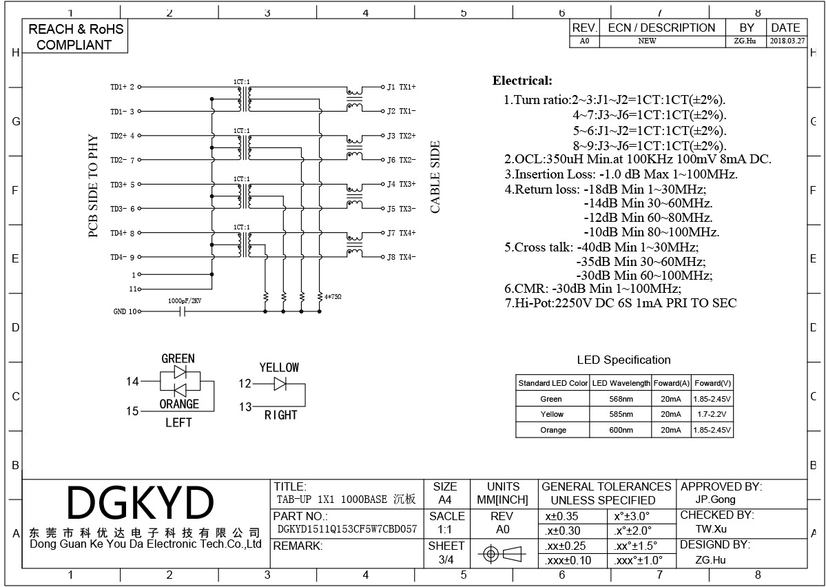 Very Low Profile RJ45 Connector with Gigabit Integrated Transformer and Gold Plating 6U