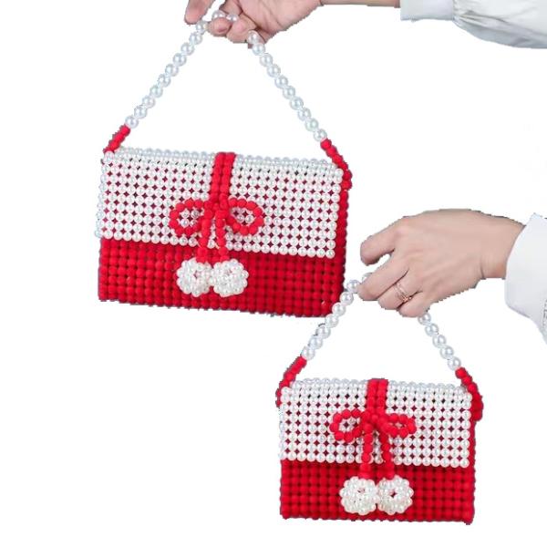 Red Beaded Clutch Pearl Bag Flower Wrist  Hand Woven With White Cap OEM ODM