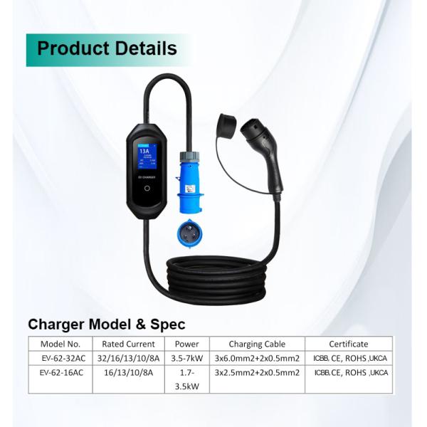 Adjustable Portable Ev Charger 220V 3.6KW 7KW 11KW MAX 32A IEC 62196 SAE J1772 GBT 20234