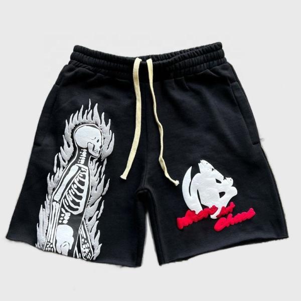 Método de Tecelagem Tricoteada Vintage Acid Wash Fading Puff Print Shorts para Homens em Meia cintura