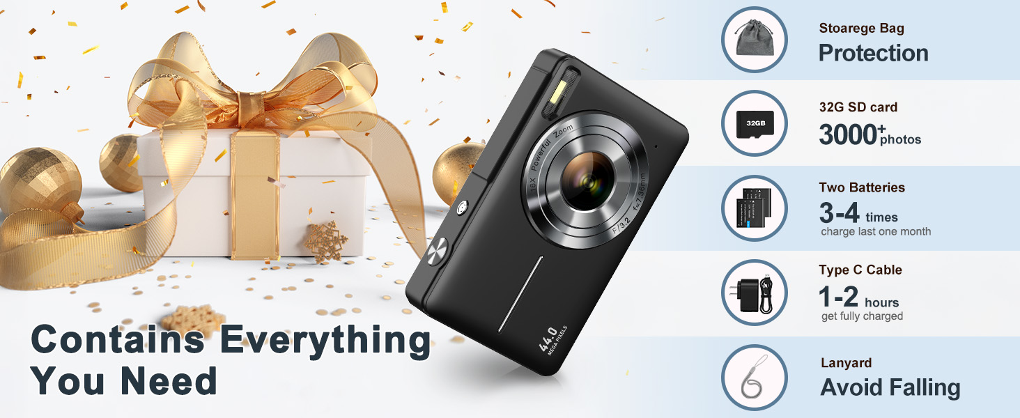 Digital Camera FHD 1080P Digital Point and Shoot Camera with 16X Zoom Anti Shake 32GB Card Compact Small Camera for Boys Girl