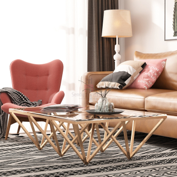 Крытый закаленный стеклянный верхний журнальный стол нержавеющей стали с основанием треугольника геометрическим