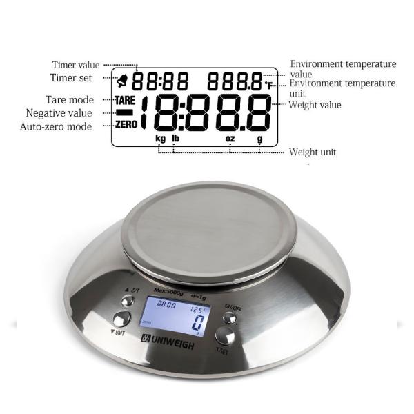 Balance de cuisine numérique en acier inoxydable haute précision 5 kg / 1g avec bol de pâte à crème amovible et batterie de chronomètre de pièce alimentée