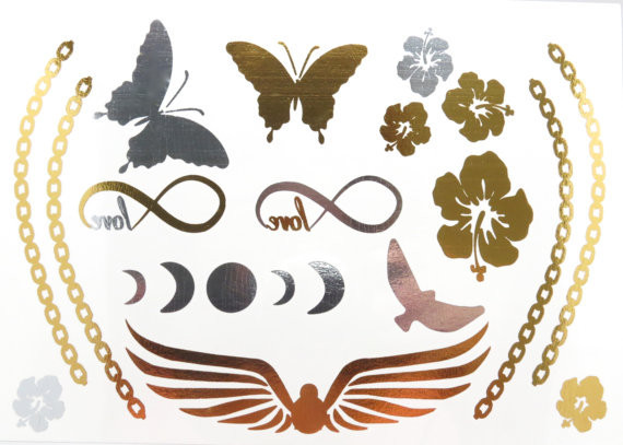 Butterfly temporary tattoo, Gold and silver foil metallic tattoo