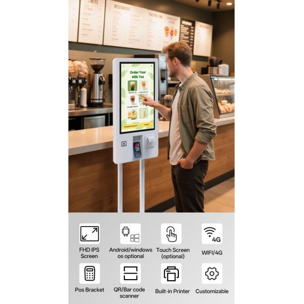 32 Inch Vertical White Pos Machine Self Service Ordering Kiosk Food Vending Machine For Shopping Mall Restaurant