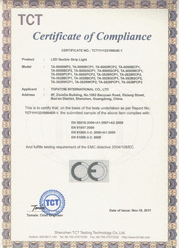 Shenzhen Vasten lighting Co.,ltd Сертификации