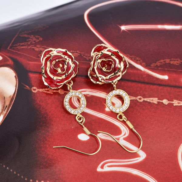 24k Gold Dipped Rose Fashion Earrings Gifts for Girlfriend Mother's Day  Preserved  Gold Rose Earrings Manufacture Wholesale