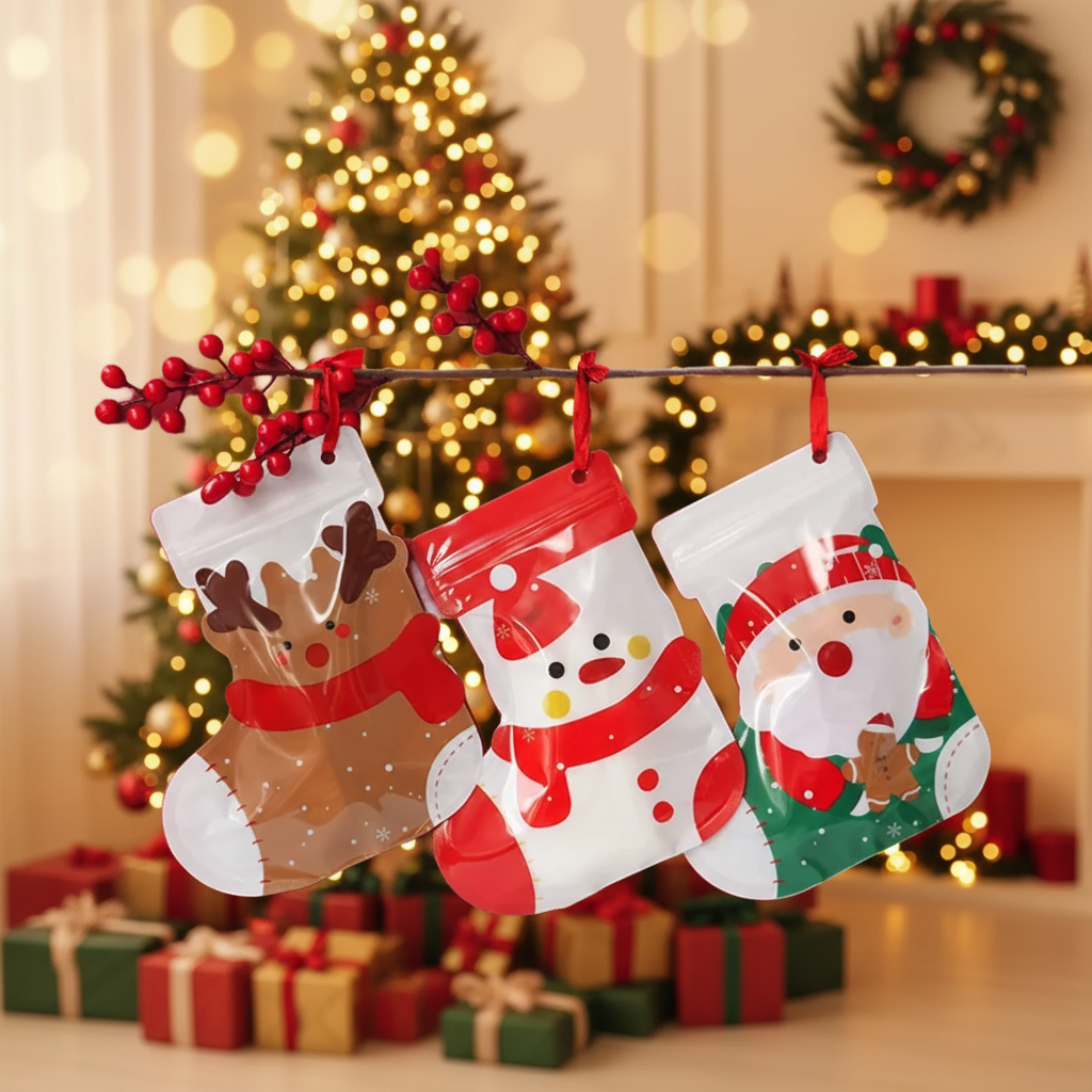 Custom Disposable PET+PE Festival-Themed Creative Cartoon Christmas Sock Zip Lock Bags Self-Sealing Plastic Packaging for Gift