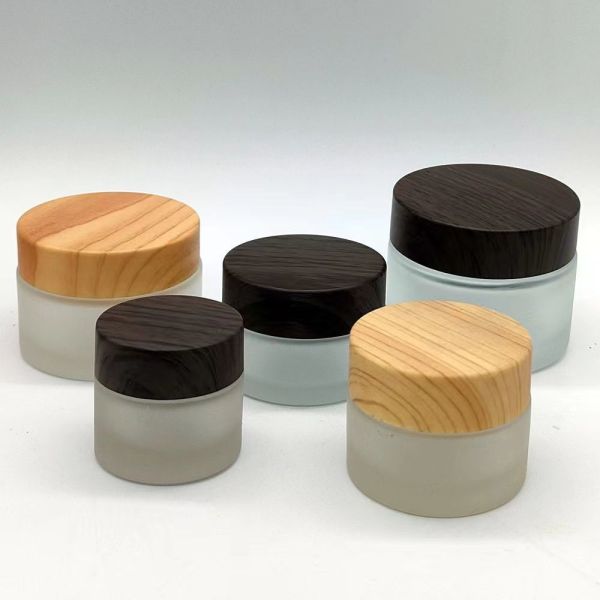 5g 10g 15g 30g 50g Empty Frosted Glass Cream Jars Cosmetic Natural Wood  Containers for Eye Cream Face Mask
