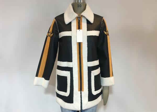 Black PU White Shearling Polyester Coat Warm Contrast Pleather Jacket With Badges For Ladies