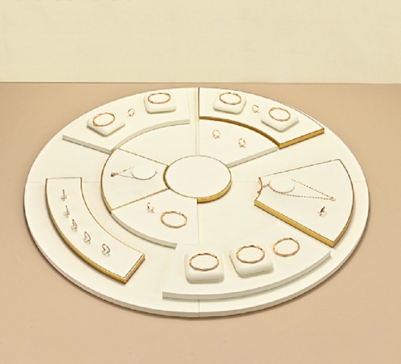Premium White Velvet Jewelry Display Set with Gold Trim and Rotating Circular Structure for Luxury Jewelry Stores