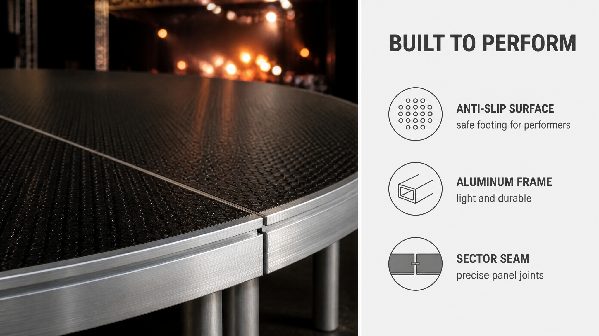 Circular Modular Stage Platform 3.66m Diameter with Black Anti-Slip Surface and Adjustable Height 45-60cm