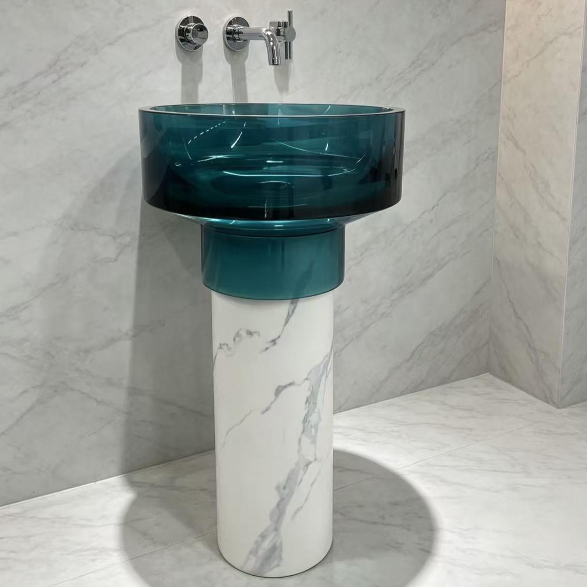 Round Marble Bathroom Pedestal Basin Teal Resin Top Cylindrical Freestanding Column