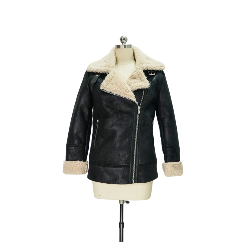 Distressed Black Composite Shearling Biker Jacket with Machine Washable Regular Fit