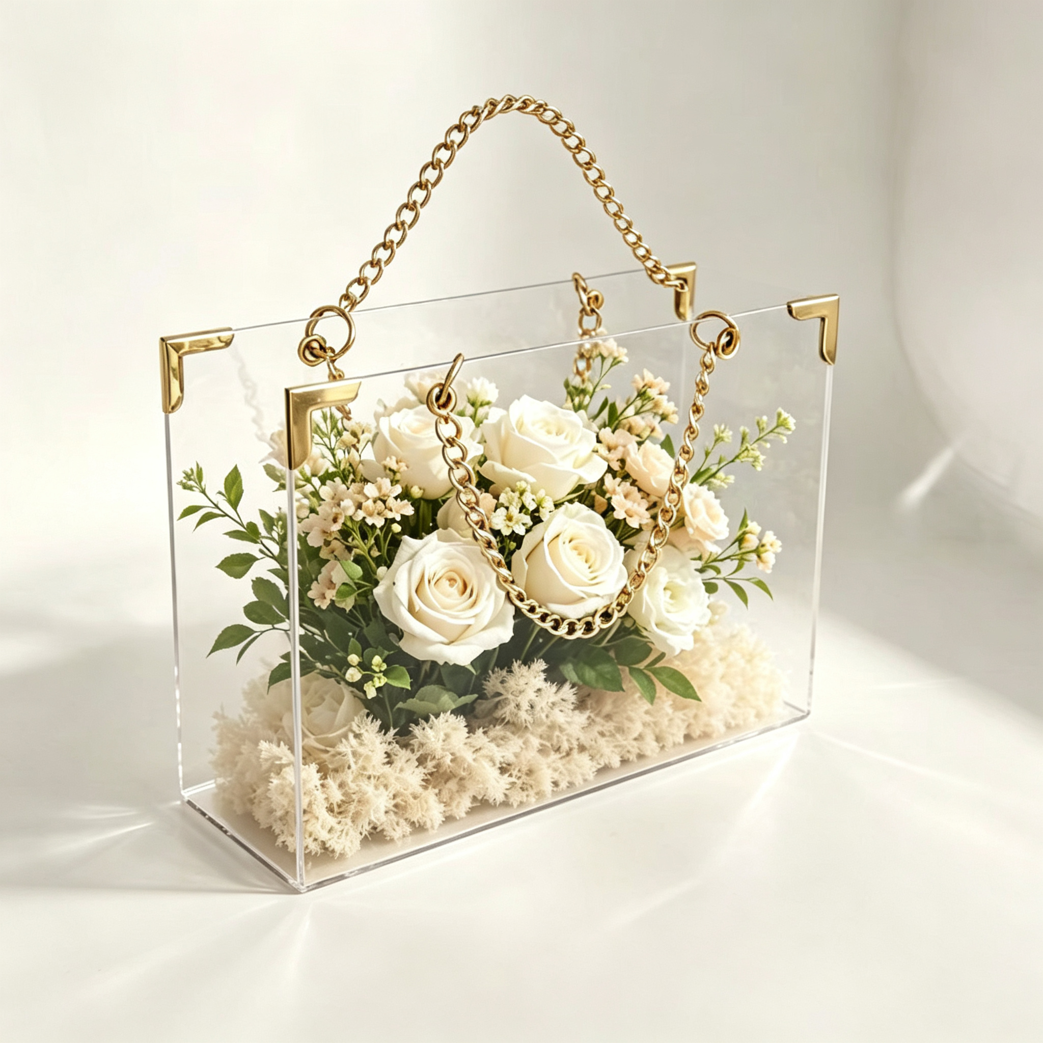 Clear Acrylic Flower Box Handbag with Gold Chain Handle — Transparent Acrylic