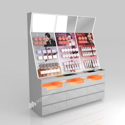 GDR04-CZ-B02 Makeup Display Rack with Grey Melamine Board and LED Strip Lights for Cosmetic Retail Stores