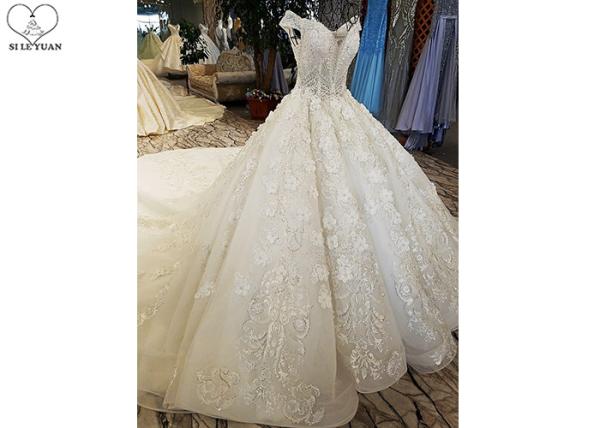 Luxury Bridal Ball Gowns Off Shoulder Sweetheart Lace Long Tail Crystal Beading