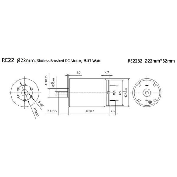Slotless Brushed DC Motor 22mm 5.37 Watt 7430rpm 6V Custom Brushed Servo Motor