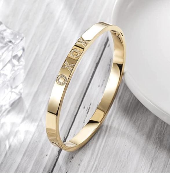 5mm Width XOXO Alphabet Gold Rhinestone Bracelet Stainless Steel Snap Bangle