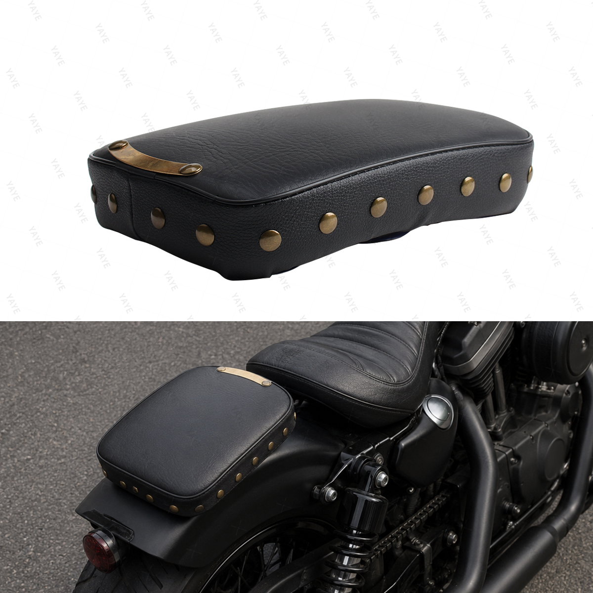 Motorcycle seat, black and brown vintage studded rear seat cushion, rear passenger cushion seat, 8 suction cups, for Harley Sportster Dyna Custom Chopper.