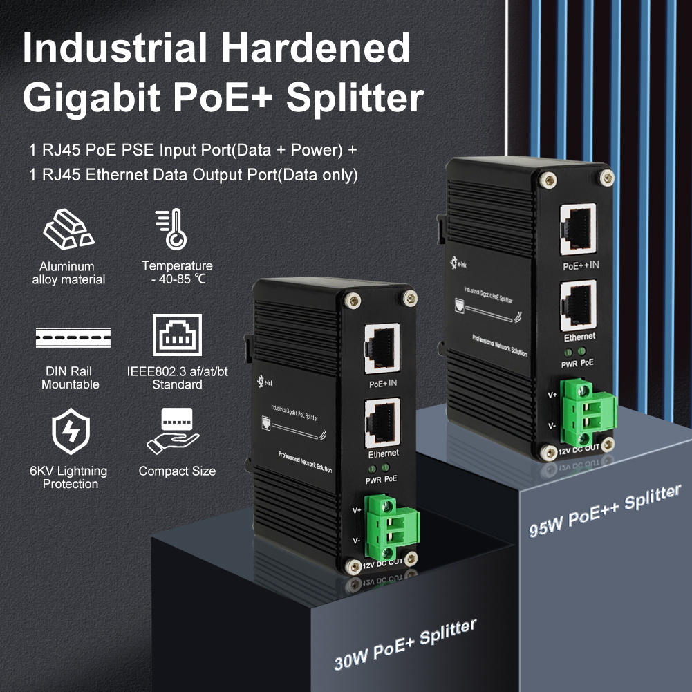 Промышленный гигабит 802.3bt PoE Splitter Din Rail Установка 10/100/1000M 12VDC 36w Выход