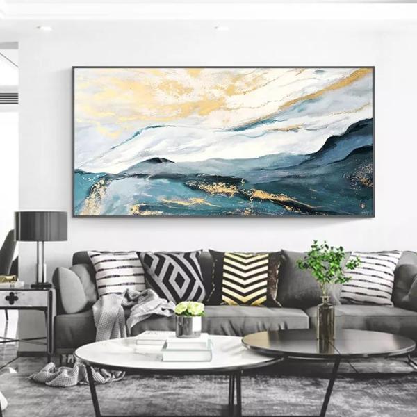 Blue Gold Foil Abstract Landscape Oil Painting On Canvas Hand Painted Modern Textured Medium Oil
