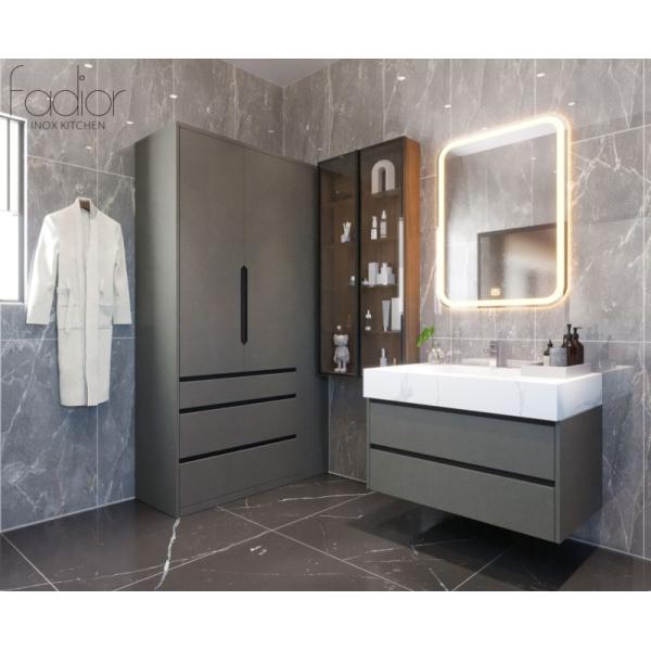 Gabinete de baño de acero inoxidable de acabado gris contemporáneo con solución de almacenamiento múltiple