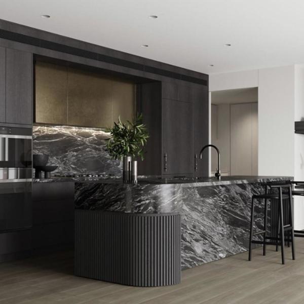 Armoire de cuisine en bois gris moderne personnalisée de haute qualité 3D automatique Smart PVC Design MDF Carcasse Porte en verre