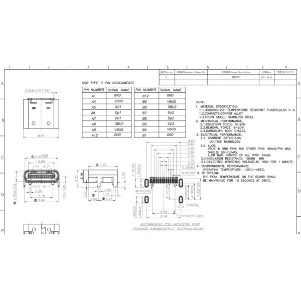 USB3.1  C Type connector  16 Pin Connector Female USB Type-C Charge Jack