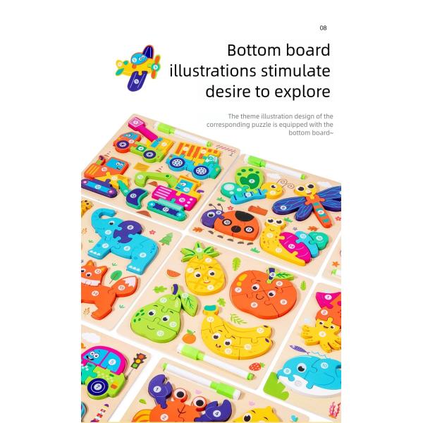 Montessori 4-in-1 Children's Wooden 3d Puzzle Early Education Cartoon Jigsaw With Drawing Board Certified En71 Games for Boys