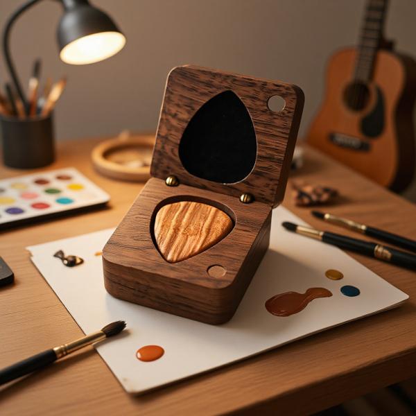 Wooden Guitar Pick Box – Premium Handcrafted Wooden Case for Guitar Picks – Elegant Storage Box for Guitar Picks – Stylish and Durable Guitar Accessory for Musicians and Guitarists