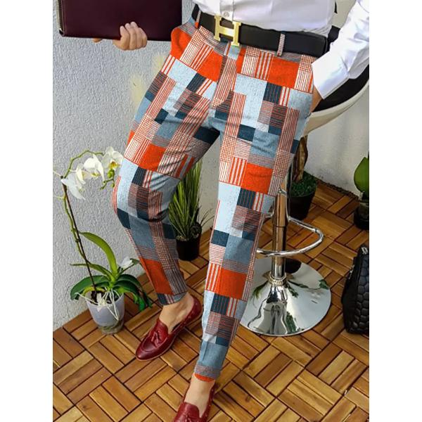 Light Wash Digital Print Polyester Trousers Multi-style Slim-fit Plaid for Casual Men