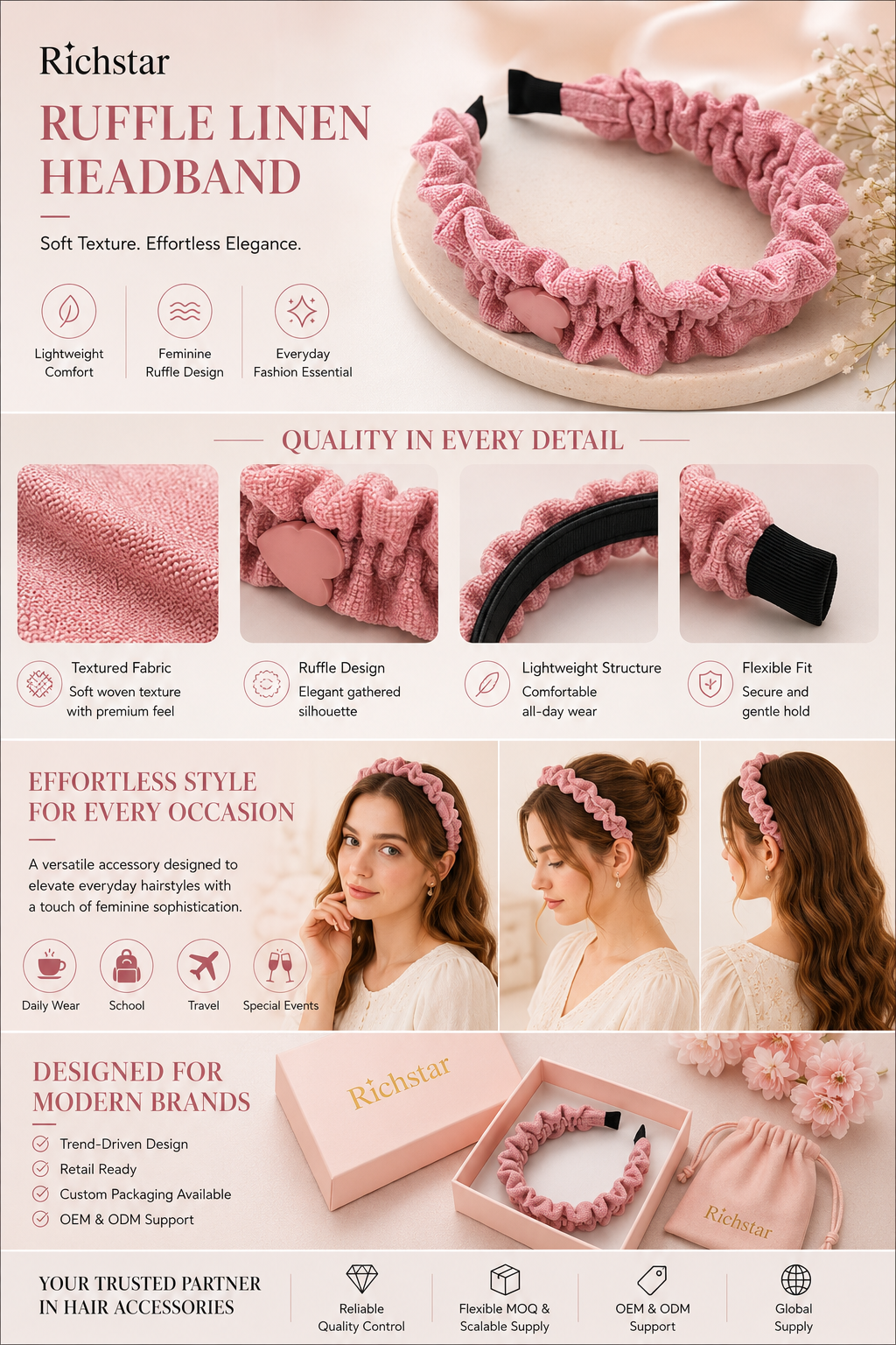 Richstar Ruffle Headband for Women - Premium Textured Fabric with Feminine Ruffle Design and Lightweight Comfort for Daily Wear