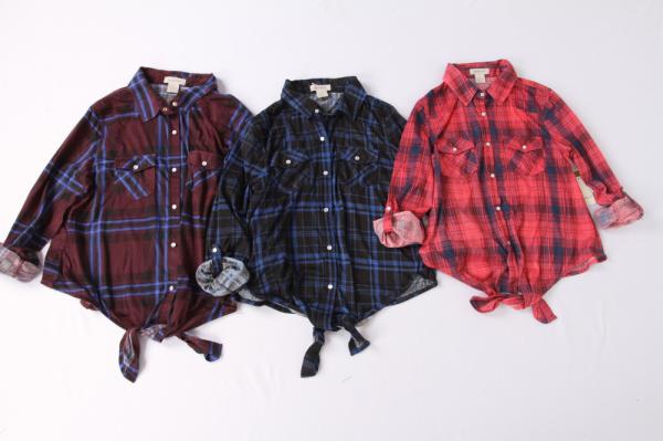 Ladies 3 Color Plaid Shirts Spring And Autumn New Style Bandage Design