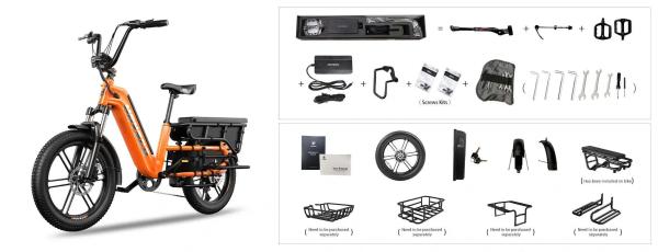 Electric Long Tail Cargo Bike for Family & Kids, 2-3 Child Seats, Urban Grocery Transport Large Capacity Foldable, Pedal Assist
